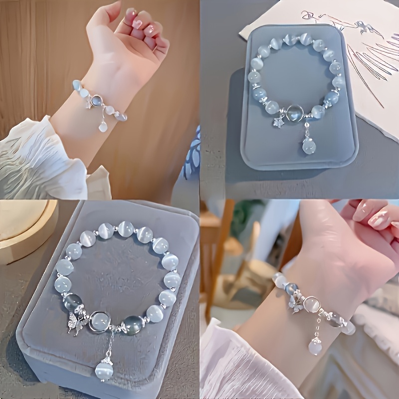 Glass Cat's Eye Bead Bracelet with Butterfly Charm
